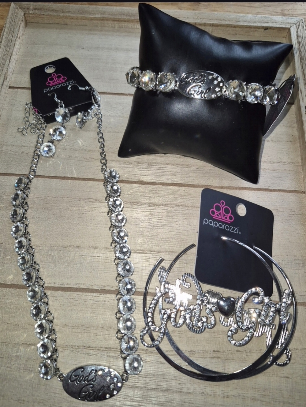 Paparazzi God's Girl Silver Clear Crystal Necklace, Bracelet & Hoop Earring Set